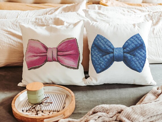 Coquette pink and blue bow throw pillow for couch, coquette room decor, cute gift for girlfriend, dorm decor for college girl, best birthday