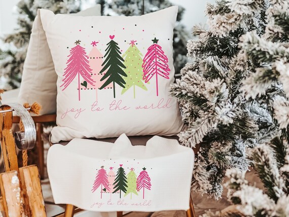 joy to the world cute Christmas throw pillows for sofa, modern Christmas decor, pink Christmas tree kitchen towel, Christmas gift set for
