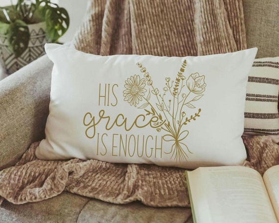 his grace is enough floral lumbar pillow cover 12x20, Christian Christmas gifts for her, 2 Corinthians 12 9 scripture throw pillow for couch