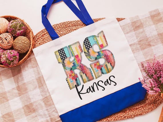 faux patchwork Kansas City tote bag for women, Kansas Christmas gifts for realtors, moving to Kansas gifts, farmers market bag, college
