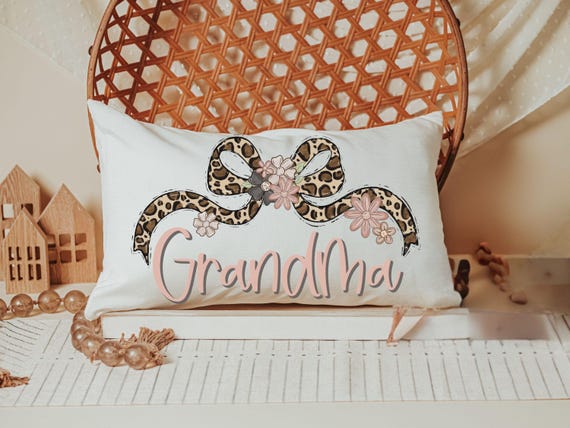 personalized blush pink grandma throw pillow for bed, leopard print bow coquette pillow cover 12 by 20, mother in law mothers day gifts