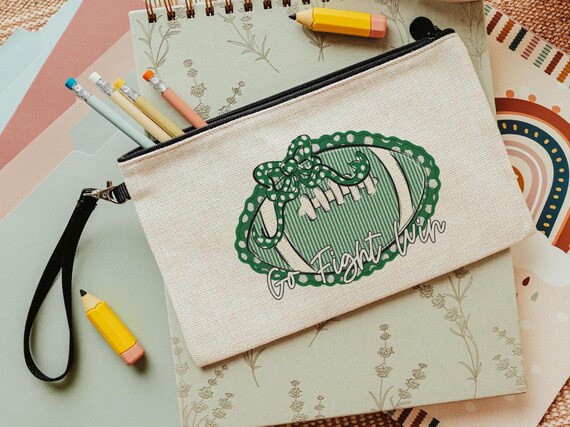 personalized go fight win cheer makeup bag for girls cheer gifts for squad, green school spirit pencil bag with name, football coquette zip