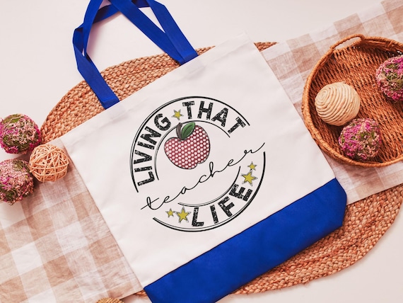 teacher life tote bag for books, cute teacher gifts for her, reusable shopping bag, preschool teacher appreciation gifts for women, eco