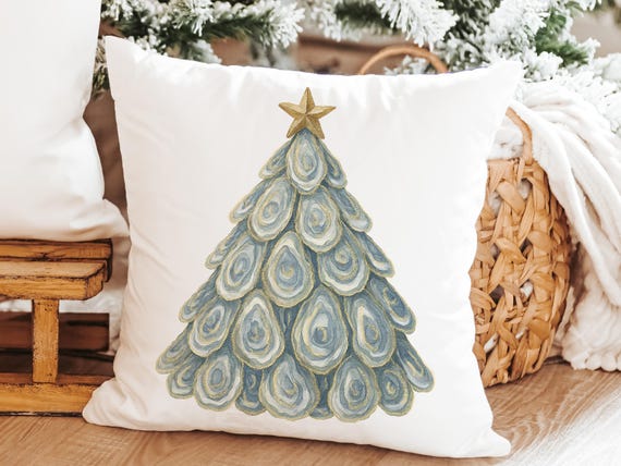 coastal Christmas tree throw pillows for guest room, beach Christmas gifts for neighbors, oyster shell decorative pillows for sofa, holiday