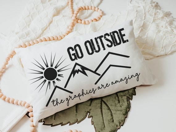 go outside funny lumbar pillow for bed, gamer girl gifts, adventure awaits pillow cover for boyfriend,nature lover gifts for hikers women