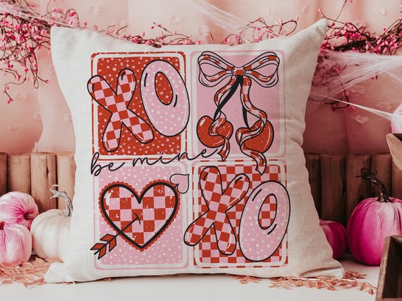 be mine throw pillows for couch red and pink checkered cherry decor, xoxo Valentines Day decorative pillow covers 18x18, Galentines day gift