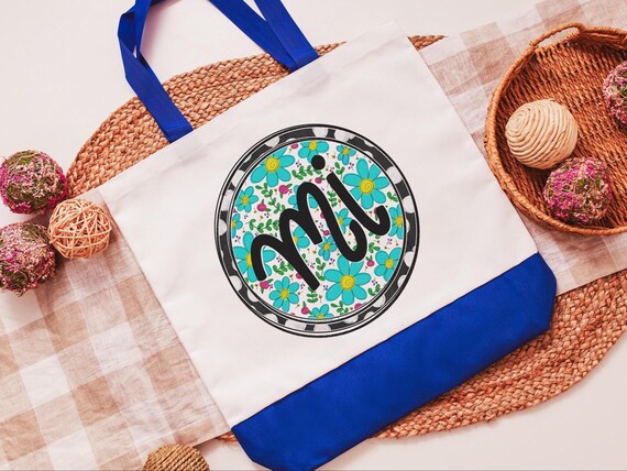 turquoise floral Michigan tote bag for new home owners, Michigan gifts for women, Michigan Christmas gifts for neighbors, best gifts for her