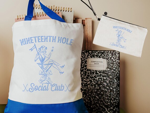 Nineteenth hole social club columbia blue tote bag + wristlet