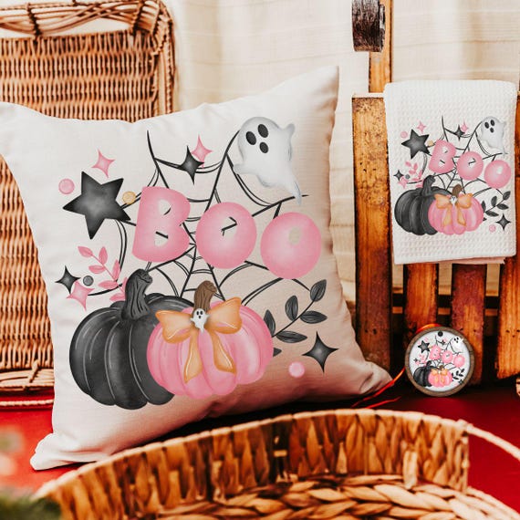 coquette Halloween decor set, boo Halloween gift set for her, cute Halloween gifts for women, pink pumpkin throw pillow for couch, whimsical