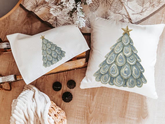 oyster shell Christmas tree accent pillow covers Christmas gifts for neighbors, oyster Christmas hand towels for bathroom beach Christmas