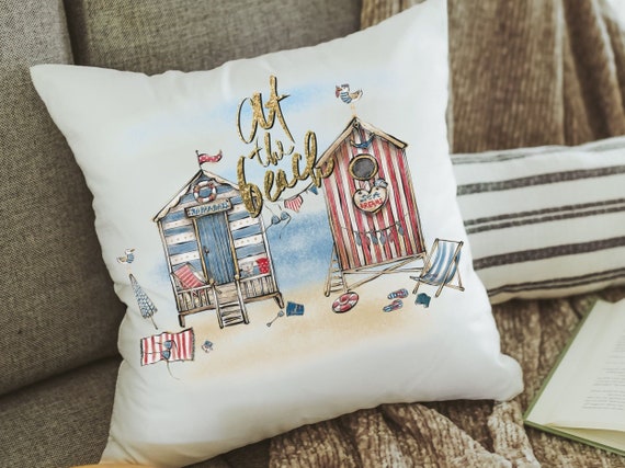 at the beach summer throw pillows for sofa, coastal decor beach house gift, sunroom decor, nautical throw pillow cover 18 x 18 covered porch