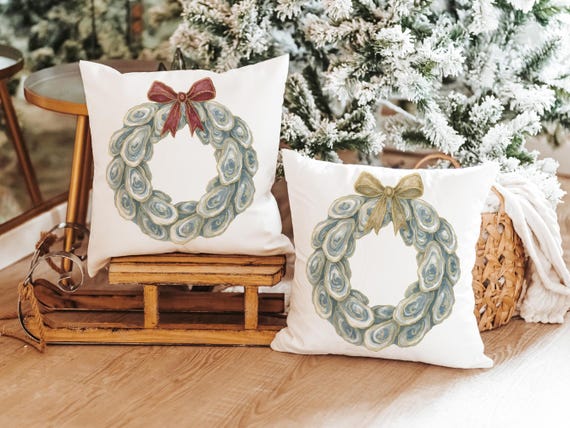 oyster shell Christmas wreath decorative pillows for couch, coastal Christmas throw pillow covers 18 x 18, oyster Christmas home decor gifts