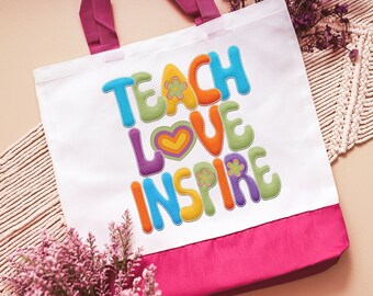 bolso tote para mujeres con el mensaje "enseñar, amar, inspirar", regalo de regreso a clases para maestras, regalo para compañeras de trabajo de maestras primerizas, bolsa de compras reutilizable con