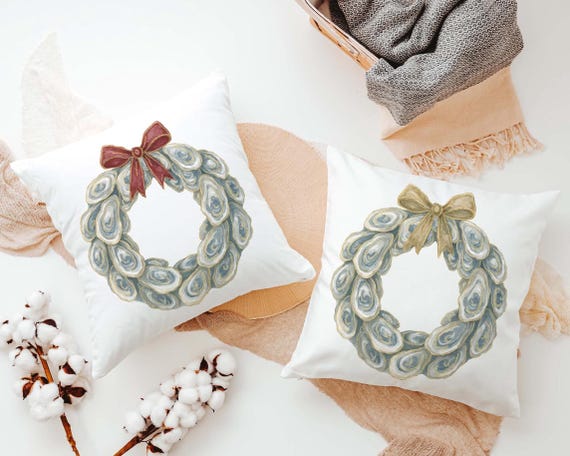 oyster shell Christmas wreath throw pillows for living room, oyster Christmas hand towels for bathroom beach Christmas gifts for neighbors