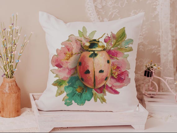 watercolor floral throw pillows for couch, garden ladybug decor, cottage roses decorative pillows for dorm, summer hostess gifts for women