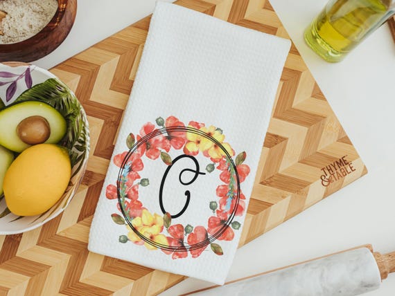 personalized poppy kitchen towel floral dish towels for drying dishes, new apartment gift for her, custom initial kitchen hand towel, cute