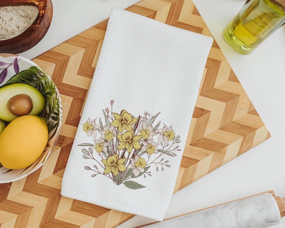 daffodil kitchen decor, floral hand towels for besties, March birth flower gift for friend birthday gifts for her, guest bathroom must haves