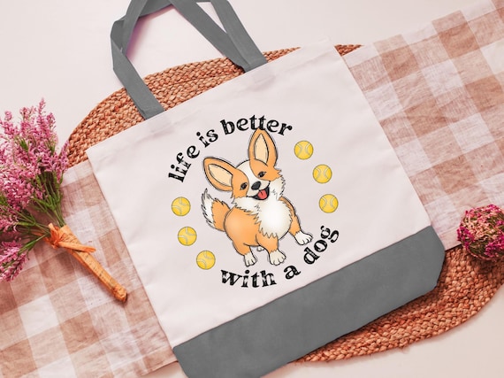 life is better with a dog corgi tote bag for women, Pembroke Welsh corgi gifts for corgi lovers, cute corgi mom tote bag for books, cardigan