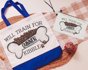 personalized will train for kibble tote bag for dog lover, dog training accessories, dog obedience utility article bag, dog mom zipper pouch