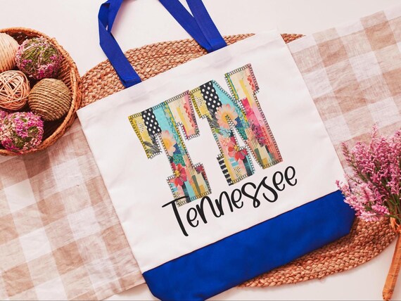 faux patchwork Tennessee tote bag for laptop, TN Christmas gifts for realtors, farmers market bag for women, moving to Tennessee gifts, best