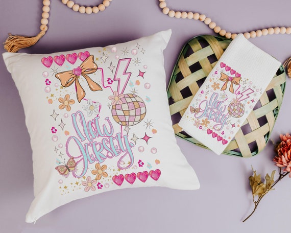 New Jersey throw pillow for bed trendy home decor, New Jersey gifts, coquette room decor pink preppy kitchen towels for gifts, college care