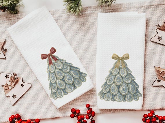 oyster shell Christmas tree tea towels kitchen towel for winter, oyster Christmas gifts for neighbors, coastal Christmas bathroom hand towel