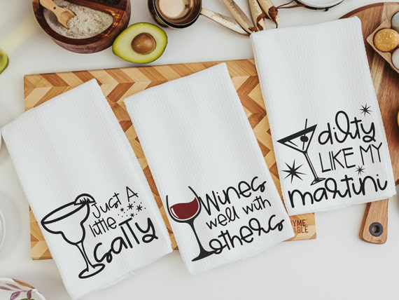 wines well with others cocktail kitchen towel, martini gifts, secret Santa gifts at work, bar towel funny stocking stuffers for Mom, yankee