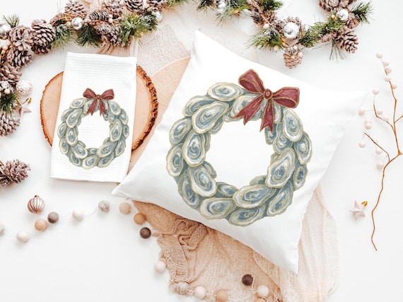 oyster shell Christmas wreath throw pillows for living room, oyster Christmas hand towels for bathroom beach Christmas gifts for neighbors