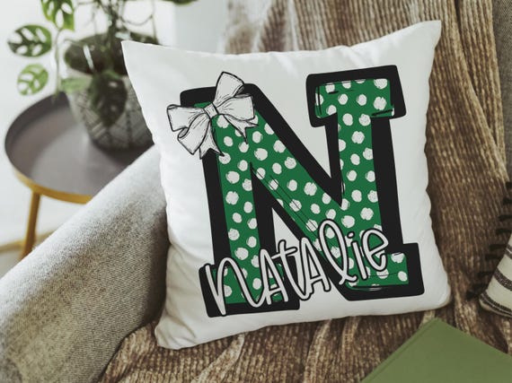 personalized initial throw pillows for girls, best Christmas gifts for young women, kelly green name pillow cases for teens tween girl gifts