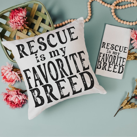 rescue is my favorite breed dog mom gift set for women, rescue dog decor for home, cute dog throw pillow for sofa, dog lover gift for her