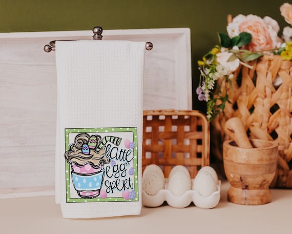 latte eggspert Easter kitchen towels for Mom, cute kitchen hand towels for bathroom, Easter gifts for adults, Easter hostess gifts for women