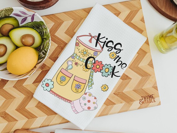 kiss the cook kitchen towel for baker, whimsical hand towels for kitchen, bridal shower kitchen gifts for women, stocking stuffers for adult