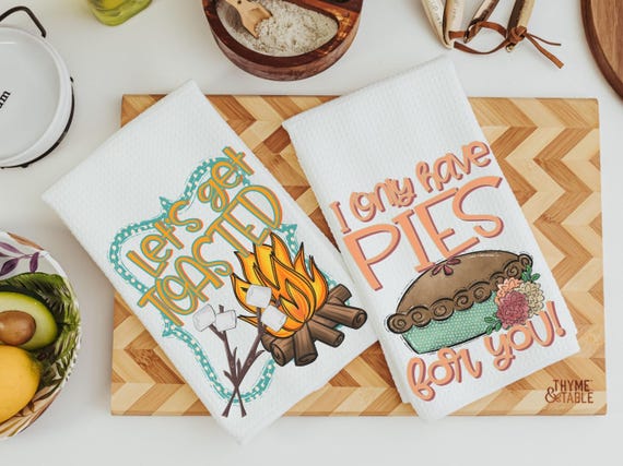 lets get toasted smores and campfire fall kitchen hand towel, camping gifts for women, pie puns funny kitchen towels for mom, baking gifts