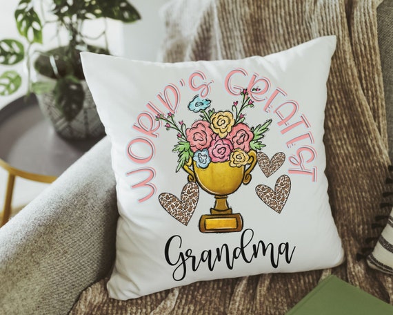 personalized worlds greatest grandma floral throw pillow for Mom, sentimental Mothers day gifts for Nana, Mimi gifts from grandkids, leopard