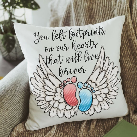 personalized footprints on our heart memorial throw pillow for bed, infant loss gifts for dad, bereavement gift loss of son for mother