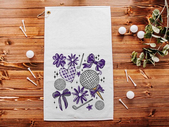 purple school pride golf towels for women, golf coquette golfing gear, golf Christmas gifts for golfers, golf mom golf bag accessories for