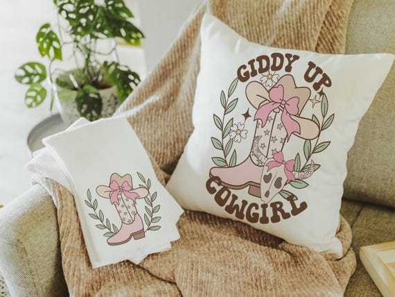 cowgirl coquette throw pillows for bed light pink western nursery decor girl, country girl kitchen towels for friends, cute Christmas gifts