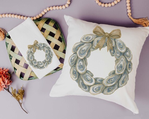 oyster shell Christmas wreath throw pillows for living room, oyster Christmas hand towels for bathroom beach Christmas gifts for neighbors