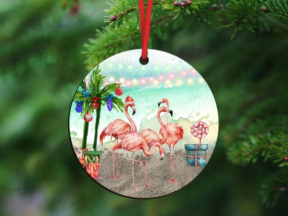flamingo Christmas ornament, personalized gifts for Mom, beach Christmas ornaments, white elephant gifts, coastal Christmas ornaments, best