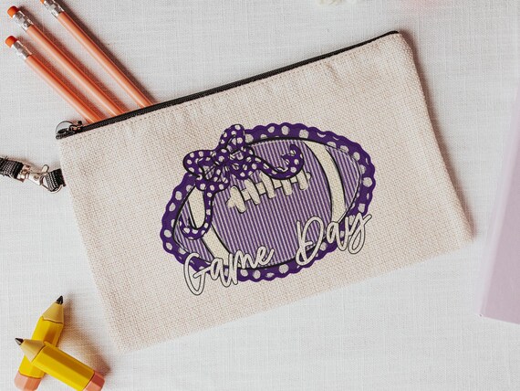 personalized purple seersucker makeup bag, purple school pride purple school supplies, seersucker football game day accessories, cheer squad