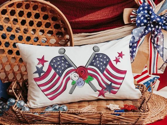 American flag lumbar throw pillows for porch, Americana decor with red floral 4th of July home decor, patriotic gifts for women, military