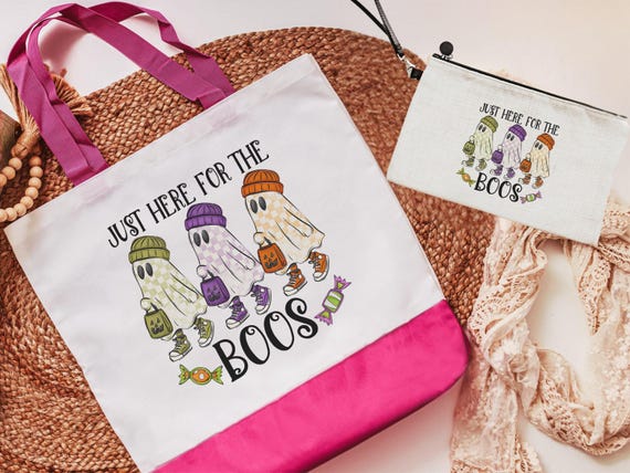 just here for the boos trick or treat bags for girls, funny Halloween tote bag for women, boo basket gifts for her, checkered ghost makeup