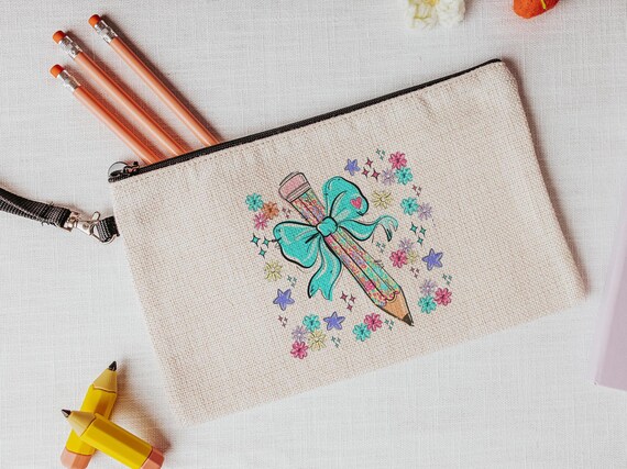 colorful pencil pouch with zipper, school supplies for girls, turquoise coquette bow pencil bag for tweens, back to school gifts for kids