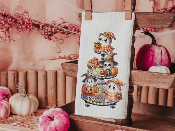spooky cute ghost Halloween kitchen towels, whimsical fall host gift, boo basket stuffers for adults, not so scary Halloween fall style gift