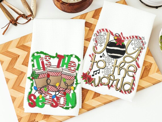 joy to the world Christmas kitchen towels, tis the season Christmas coffee bar decor, Christmas housewarming gift, Christmas hostess gift