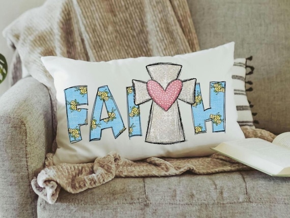 faith pillow cover 12x20, lumbar pillow for bed, Christian Christmas gifts for women, cross throw pillow cover 12 x 20, godmother gift from