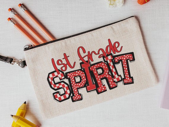 first grade pencil pouch for girls, trendy school supplies for kids, red school spirit accessories, 1st grade back to school gifts for