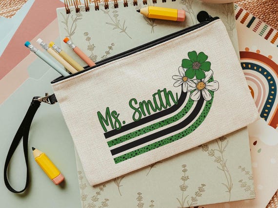 green and white daisy pencil pouch personalized green school spirit green school supplies for teachers, cute makeup bag for women, back to