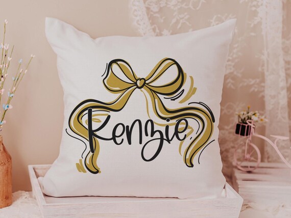 personalized gold bow throw pillow with name, fall housewarming gift for best friend, fall coquette decorative pillow for teenage girls room