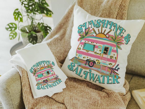 sunshine and saltwater summer throw pillow boho camper decor for RV life essentials gift, hippie kitchen towels for sister, beach house gift